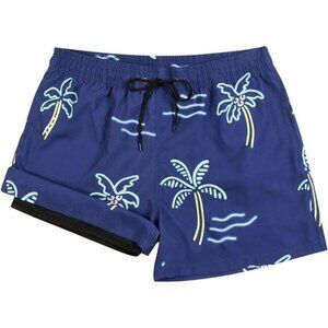 Men's Palm Tree Swim Trunks with Compression Liner | 5 Inch Board Shorts
